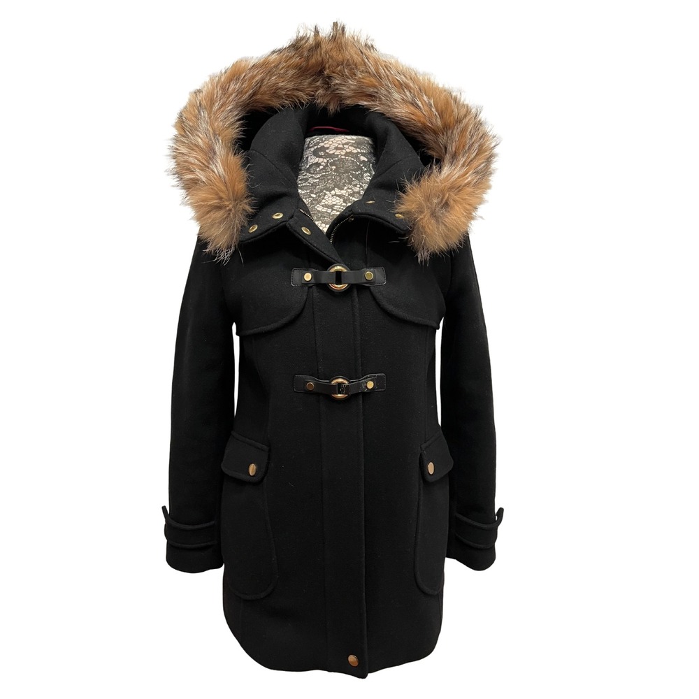 Trina Turk Parka Coat 8 Black Pink Bailey Wool Blend Duffle Coyote Fur Trim Hood